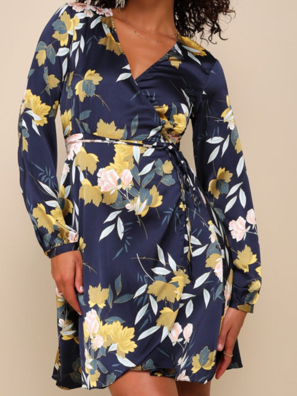 Lulus Love Is Life Navy Blue Floral Print Satin Wrap Dress - Size XXS